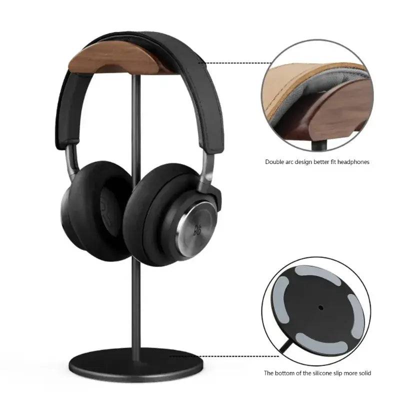 Walnut headphone stand with aluminium base showcasing premium design and double fit for better support.