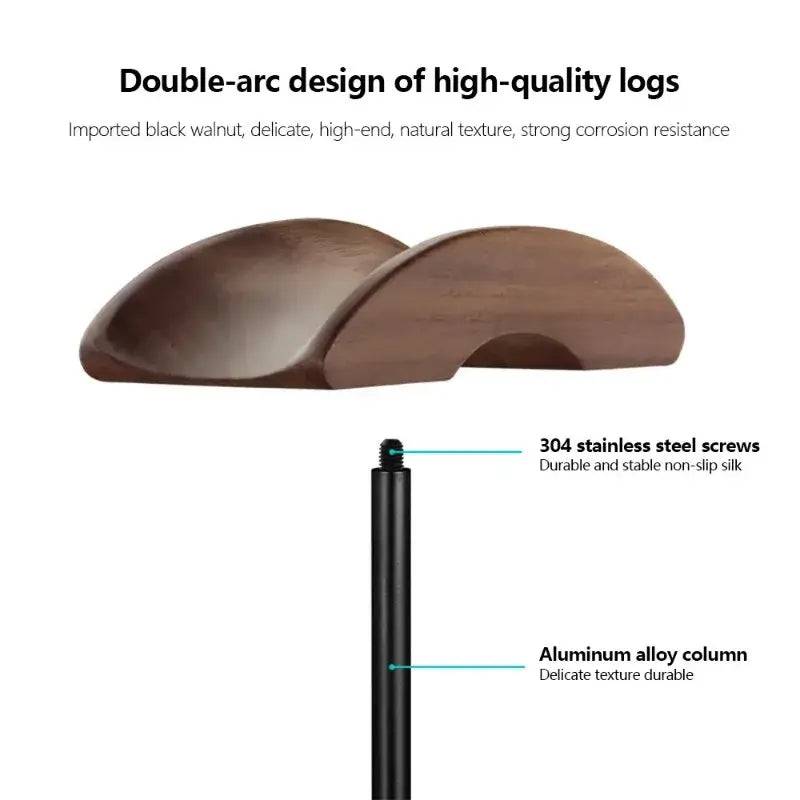 Double-arc walnut headphone stand design with aluminum base and durable stainless steel screws.