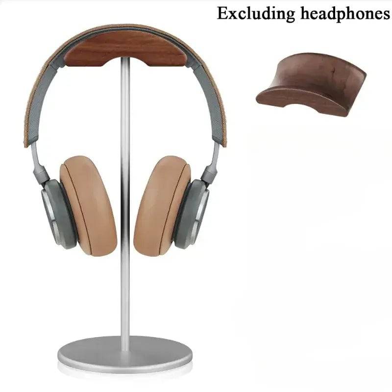 Walnut headphone stand with aluminium base showcasing modern design and functionality, featuring space for headphones.