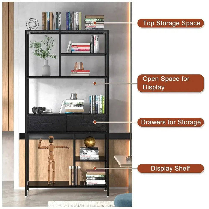 Industrial Tall Bookshelf with 6 Tiers & Drawers | Office | Luvasmr - Satisfyingly Organised