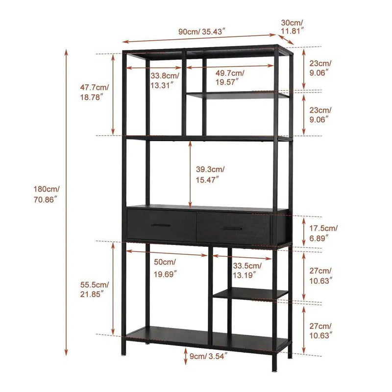 Industrial Tall Bookshelf with 6 Tiers & Drawers | Office | Luvasmr - Satisfyingly Organised