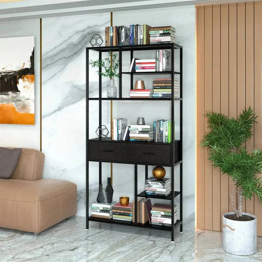 Industrial Tall Bookshelf with 6 Tiers & Drawers | Office | Luvasmr - Satisfyingly Organised