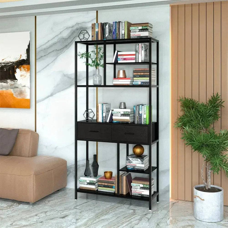 Industrial Tall Bookshelf with 6 Tiers & Drawers | Office | Luvasmr - Satisfyingly Organised