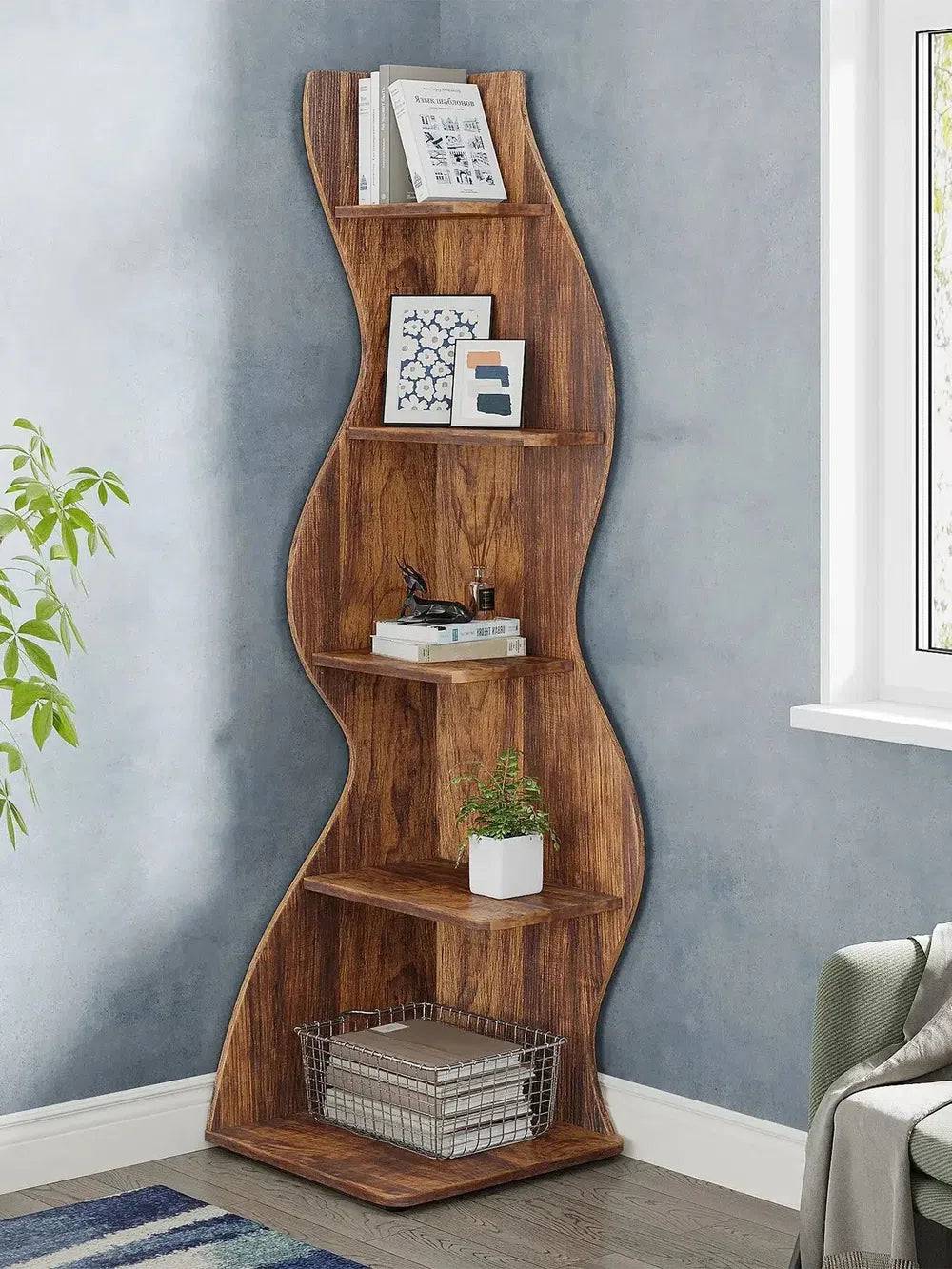 Tribesigns Corner Shelf, Rustic 5-Tier Wall Corner Bookshelf, Stylish Corner Small Bookcase Storage Rack Plant Stand with Unique |  | Luvasmr - Satisfyingly Organised