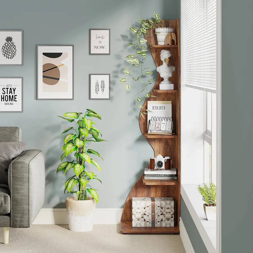 Tribesigns Corner Shelf, Rustic 5-Tier Wall Corner Bookshelf, Stylish Corner Small Bookcase Storage Rack Plant Stand with Unique |  | Luvasmr - Satisfyingly Organised