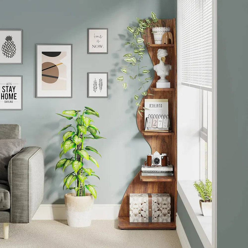 Tribesigns Corner Shelf, Rustic 5-Tier Wall Corner Bookshelf, Stylish Corner Small Bookcase Storage Rack Plant Stand with Unique |  | Luvasmr - Satisfyingly Organised