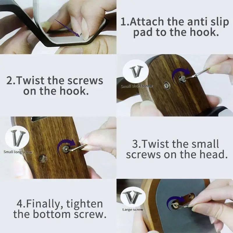 Instructions for assembling the walnut wood headphone stand with screw types highlighted.