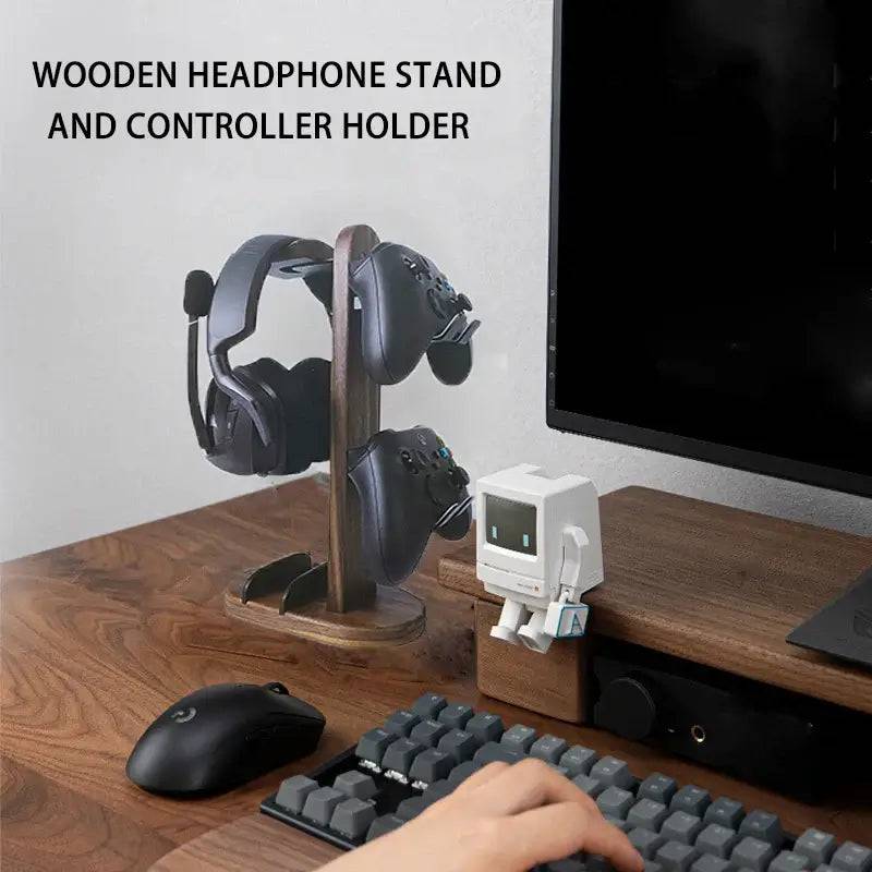 Wooden headphone stand and controller holder on a desk, showcasing premium build and stylish design for organization.