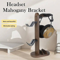 Mahogany headphone stand with minimalist design and retro style, highlighting stylish organization for audio gear.