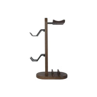 Walnut wood headphone stand with sleek aluminum frame, ideal for stylish organization and support for headphones.