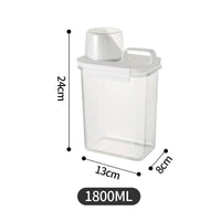 Clear refillable laundry detergent dispenser with 1800ML capacity, dimensions of 24cm x 13cm x 8cm, for an organized laundry space.