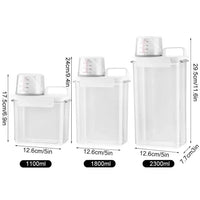 Three sizes of clear refillable laundry detergent dispensers, showcasing their capacities: 1100ml, 1800ml, and 2300ml.
