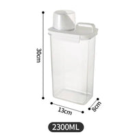 Clear refillable laundry detergent dispenser with transparent design, 2300ml capacity, dimensions 30x13x8cm.