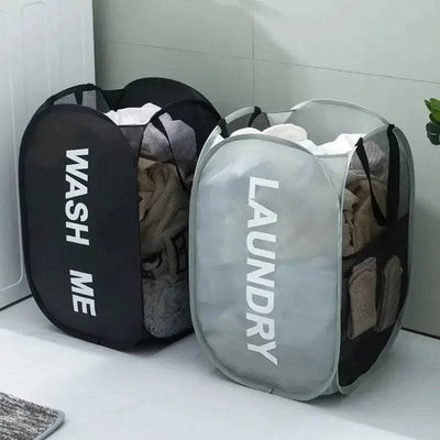 Durable folding laundry baskets in black and gray mesh for stylish and practical organizing of laundry and household items.