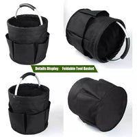Multi-pocket foldable tool basket made of durable black fabric, showcasing its versatile design and convenient storage.