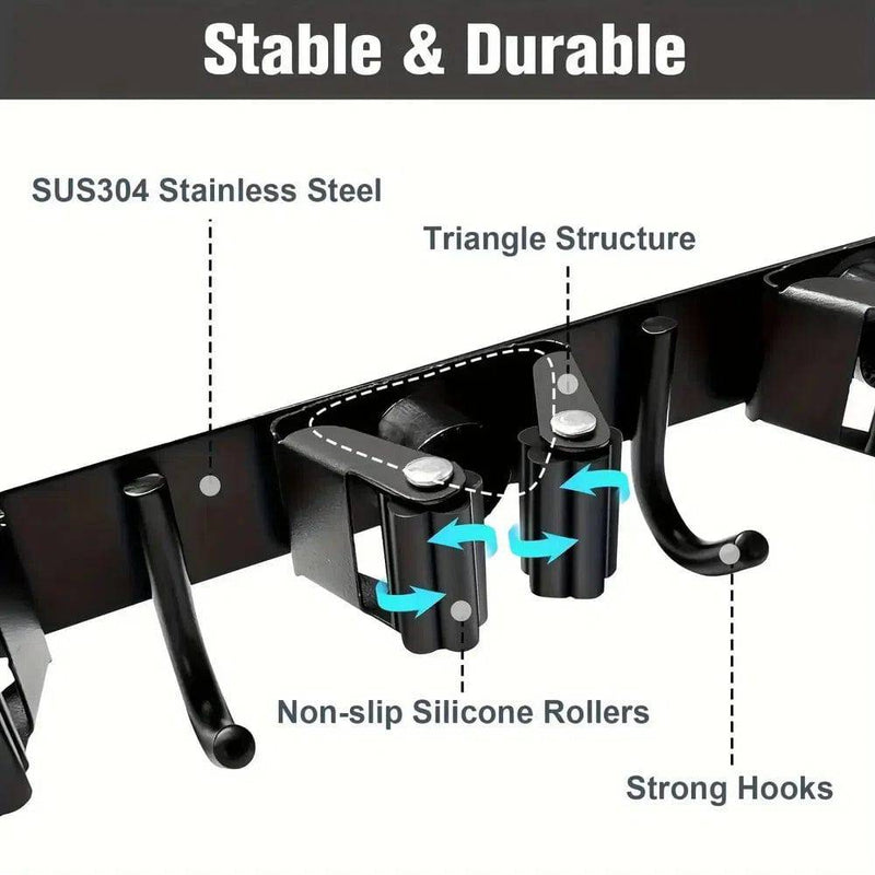 Diagram highlighting the features of a wall-mounted mop and broom holder made from sturdy SUS304 stainless steel.