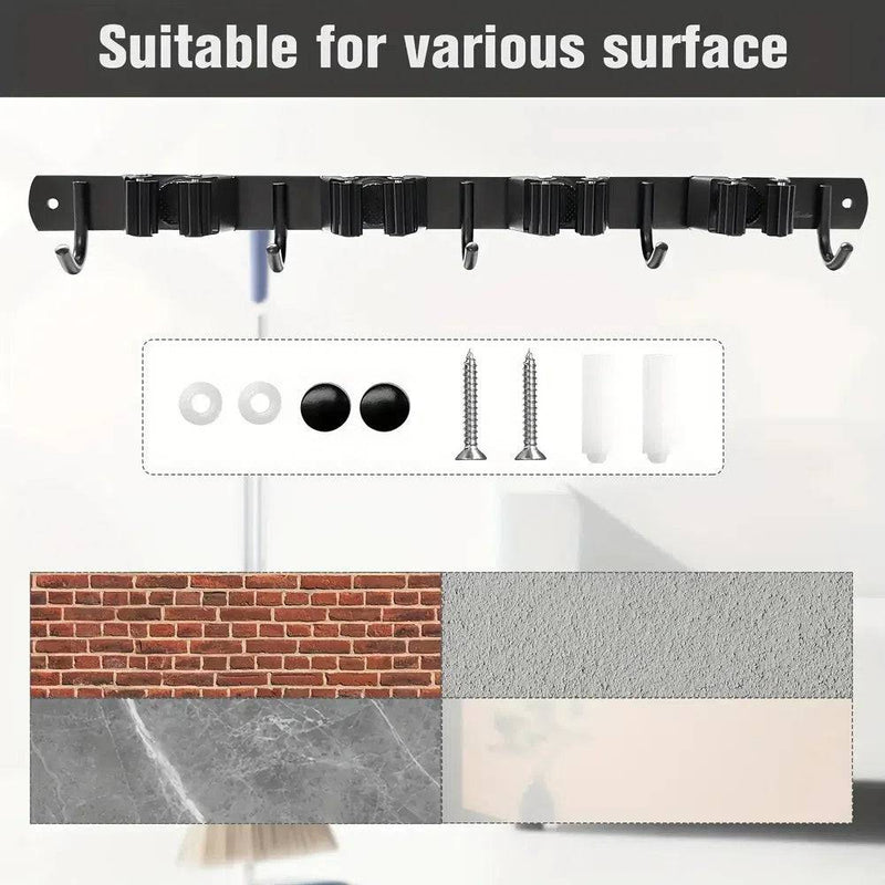 Wall-mounted mop and broom holder with hooks, suitable for various surfaces including brick, concrete, and tile.