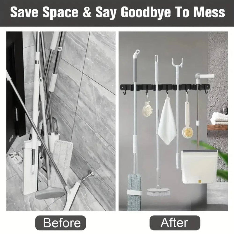 Before and after photos of a wall-mounted mop and broom holder showcasing improved organization and space saving.