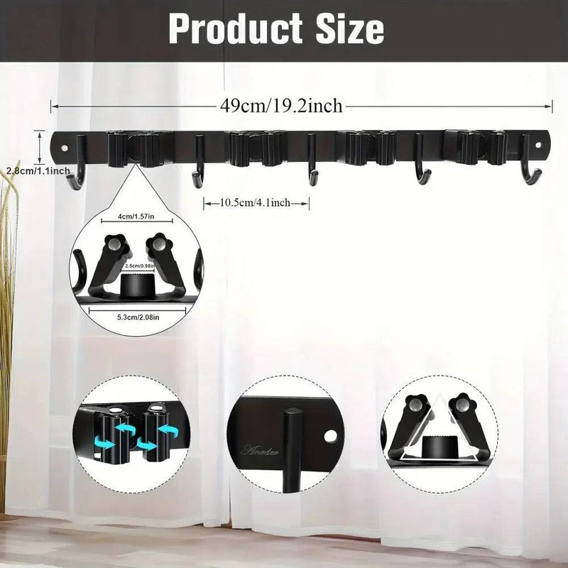 Product size diagram for wall-mounted mop and broom holder showing dimensions and hooks.