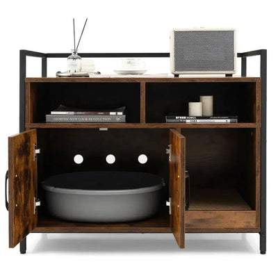 Wooden cat litter box enclosure with discreet design, blending elegance and functionality in home decor.