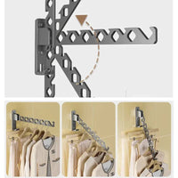 Adjustable angle wall-mounted clothes drying rack, showcasing its space-saving design and sturdy aluminum construction.