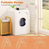 Foldable stainless steel drying rack with dimensions, saving space and easy to use near washing machine.