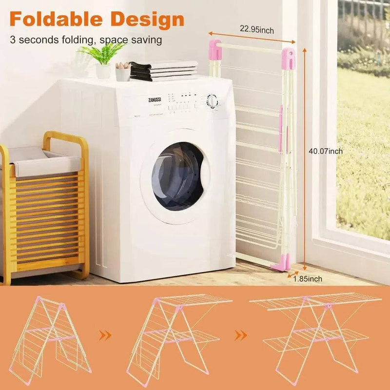 Foldable stainless steel drying rack with dimensions, saving space and easy to use near washing machine.
