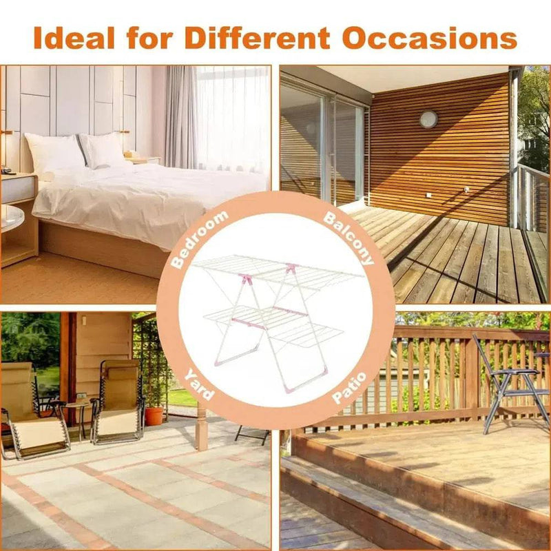 Stainless Steel Drying Rack displayed in bedroom, balcony, yard, and patio for versatile drying solutions.