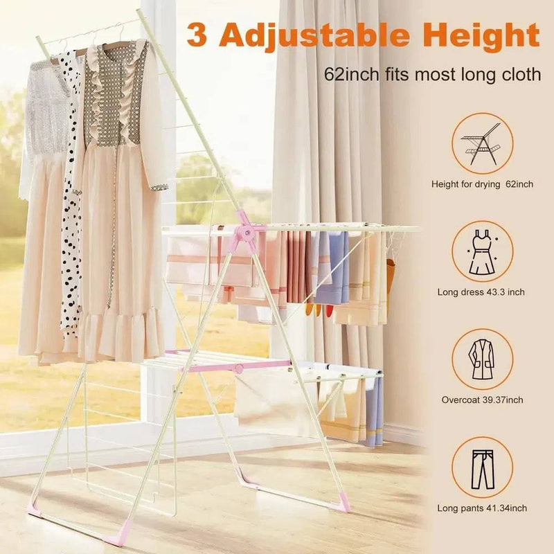 Stainless steel drying rack with adjustable height for versatile drying, accommodating long clothes and maximizing space.