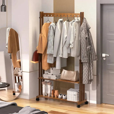Wooden hall tree coat stand with shoe shelves, stylish entryway organizer with wheels.