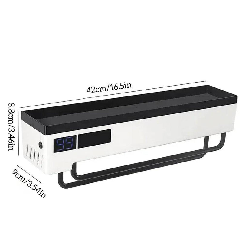 Wall-mounted electric towel rack with storage shelf, digital display, efficient drying, and space-saving design.