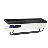 Wall-mounted electric towel rack with digital display and storage shelf for organized towels.