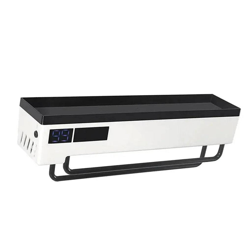 Wall-mounted electric towel rack with digital display and storage shelf for organized towels.