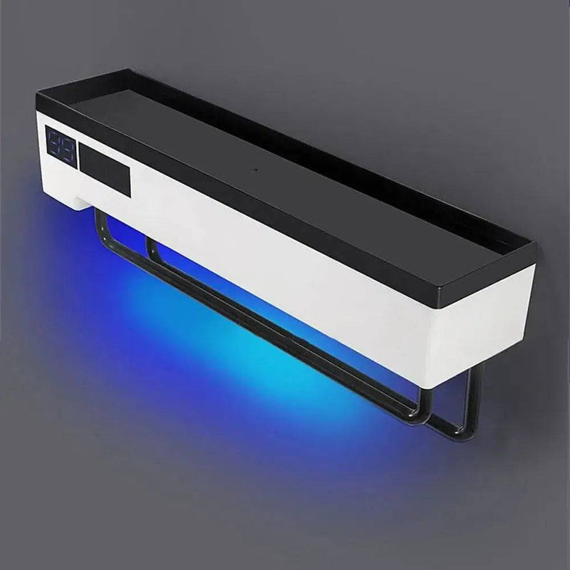 Sleek wall-mounted electric towel rack with blue lighting and storage shelf, perfect for modern bathrooms.