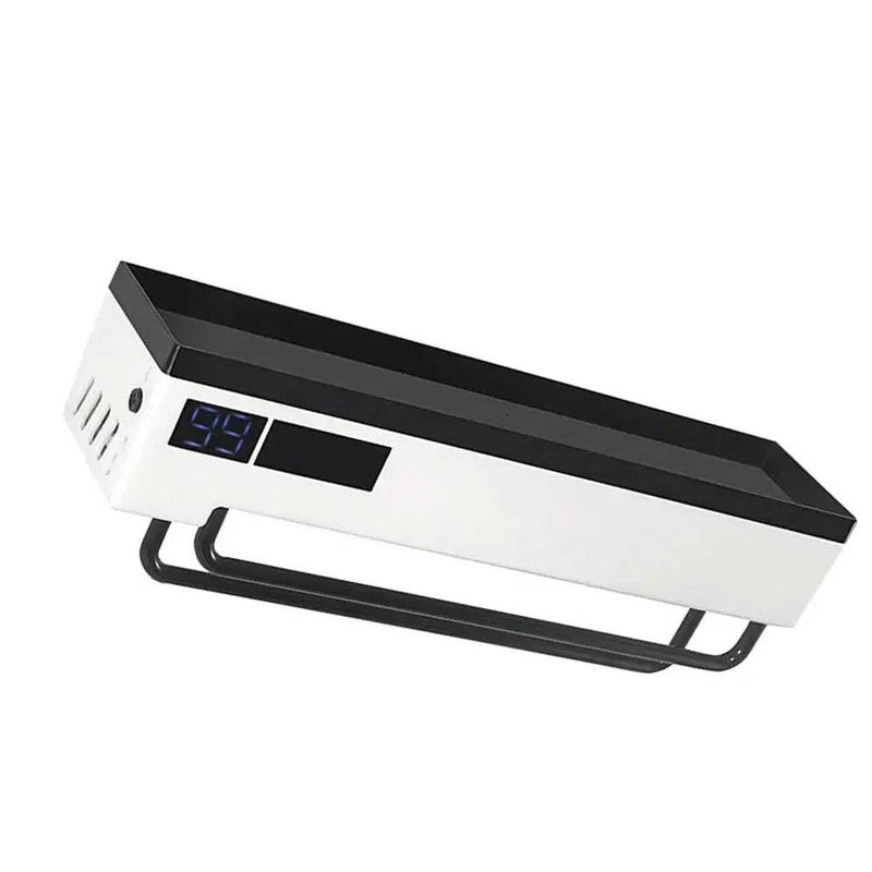Wall-mounted electric towel rack with storage shelf, digital display for easy temperature control.