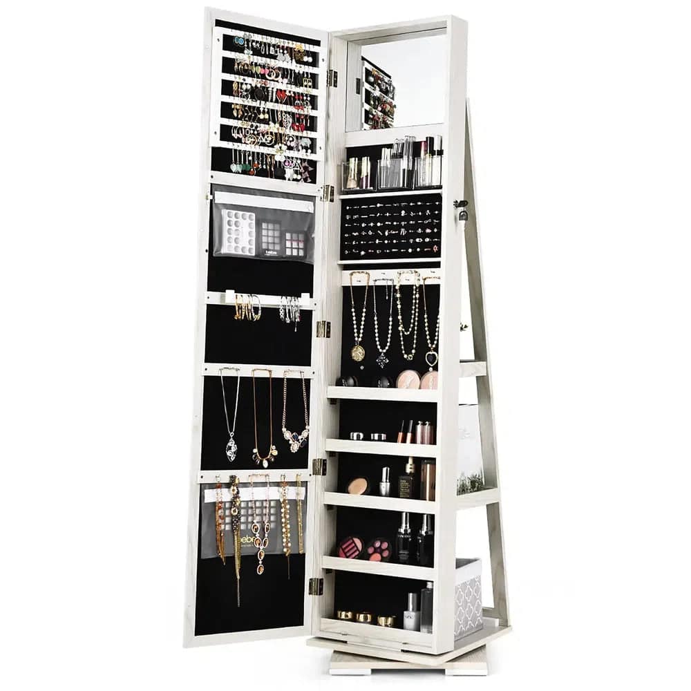 GOFLAME Free Standing Jewelry Armoire 360 Rotating Mirrored Jewelry Cabinet With Lock |  | Luvasmr - Satisfyingly Organised