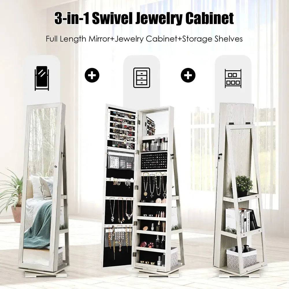 GOFLAME Free Standing Jewelry Armoire 360 Rotating Mirrored Jewelry Cabinet With Lock |  | Luvasmr - Satisfyingly Organised