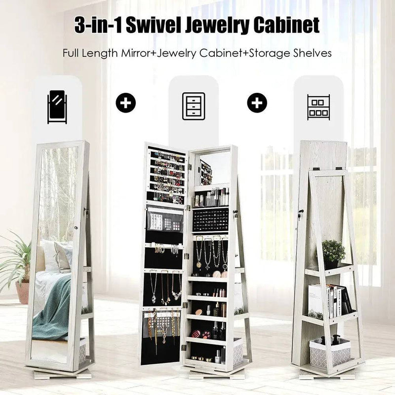 GOFLAME Free Standing Jewelry Armoire 360 Rotating Mirrored Jewelry Cabinet With Lock |  | Luvasmr - Satisfyingly Organised