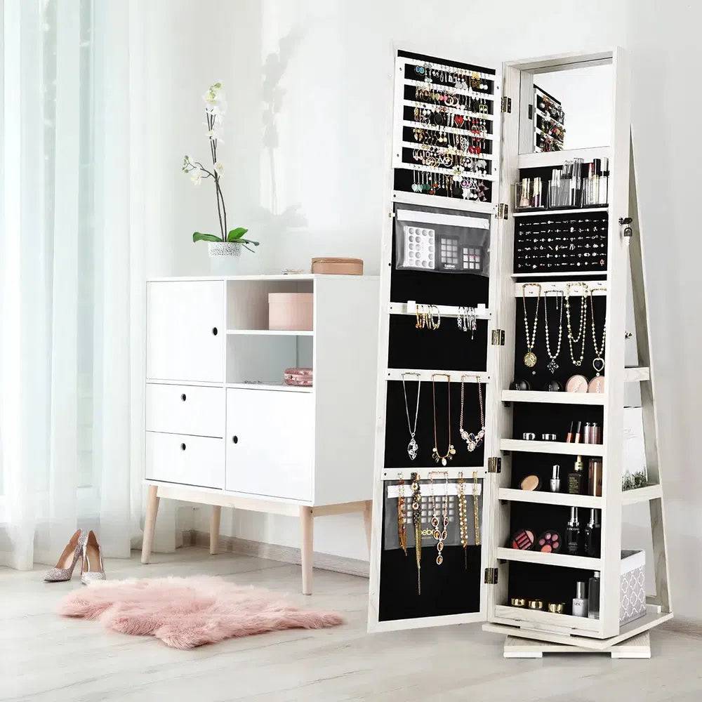 GOFLAME Free Standing Jewelry Armoire 360 Rotating Mirrored Jewelry Cabinet With Lock |  | Luvasmr - Satisfyingly Organised