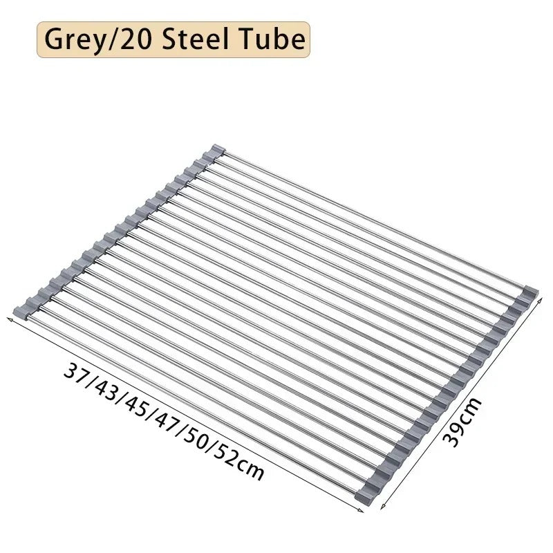Foldable stainless steel draining rack for efficient kitchen organization and space-saving design.