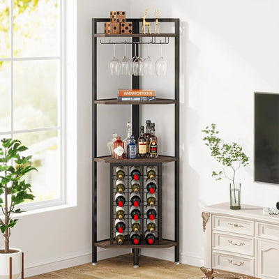 4-Tier Corner Wine Rack with Glass Holder and Storage Shelves