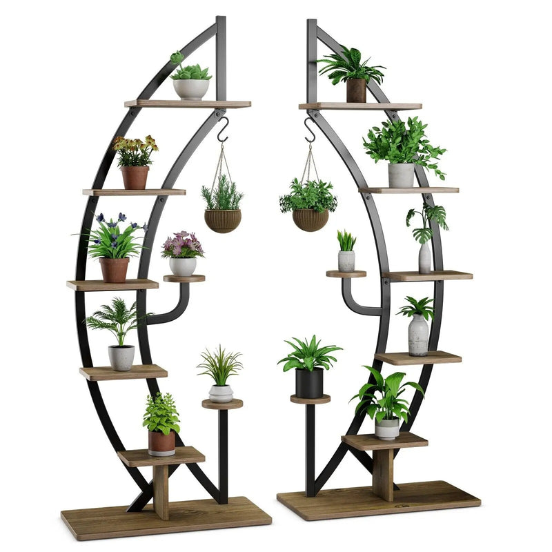 Elegant 6-tier metal plant stand set showcasing various indoor plants with modern design and functionality.