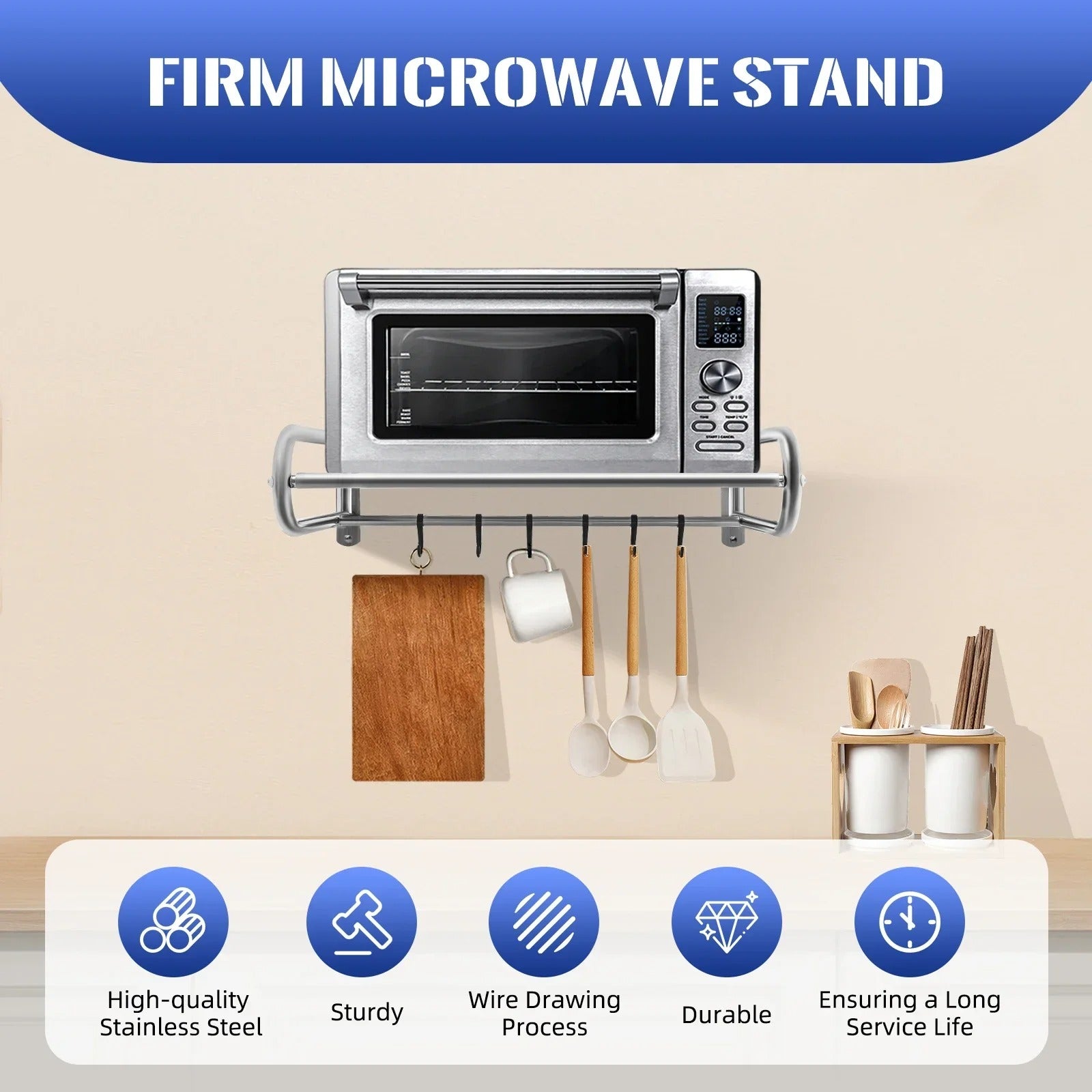 Wall-Mounted Microwave Oven Shelf with Hooks