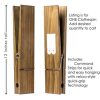 Giant wooden towel clip, 12 inches tall, featuring quick-grip technology for easy hanging and rustic style.