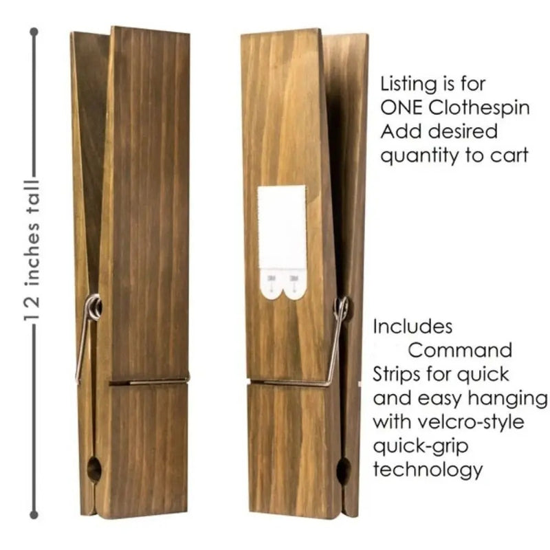 Giant wooden towel clip, 12 inches tall, featuring quick-grip technology for easy hanging and rustic style.