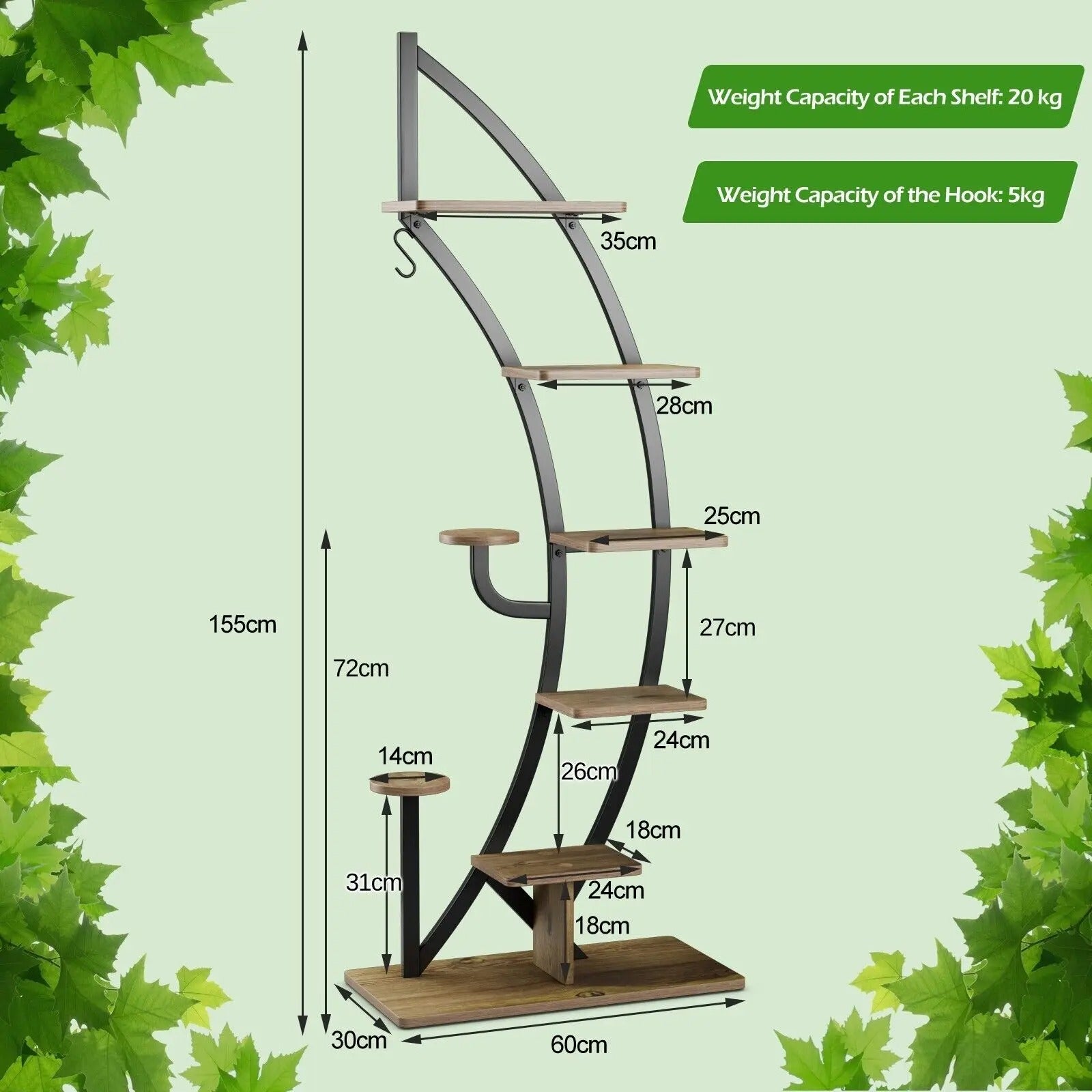 6-Tier Metal Plant Stand with elegant curved design, durable shelves for indoor gardening or decorative display.