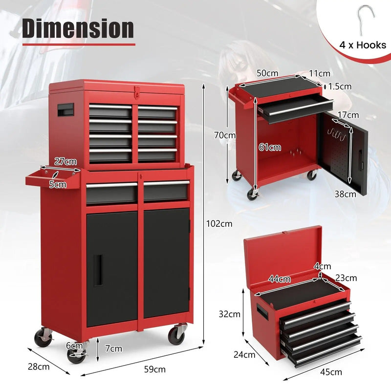 Dimensions of 5 Drawer Rolling Tool Chest Heavy Duty Steel with measurements and hooks for organized tool storage.
