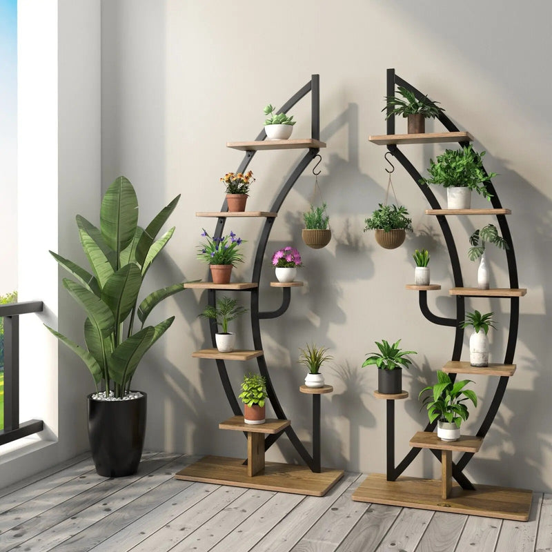 Elegant 6-tier metal plant stand with shelves displaying various potted plants in a stylish indoor setting.
