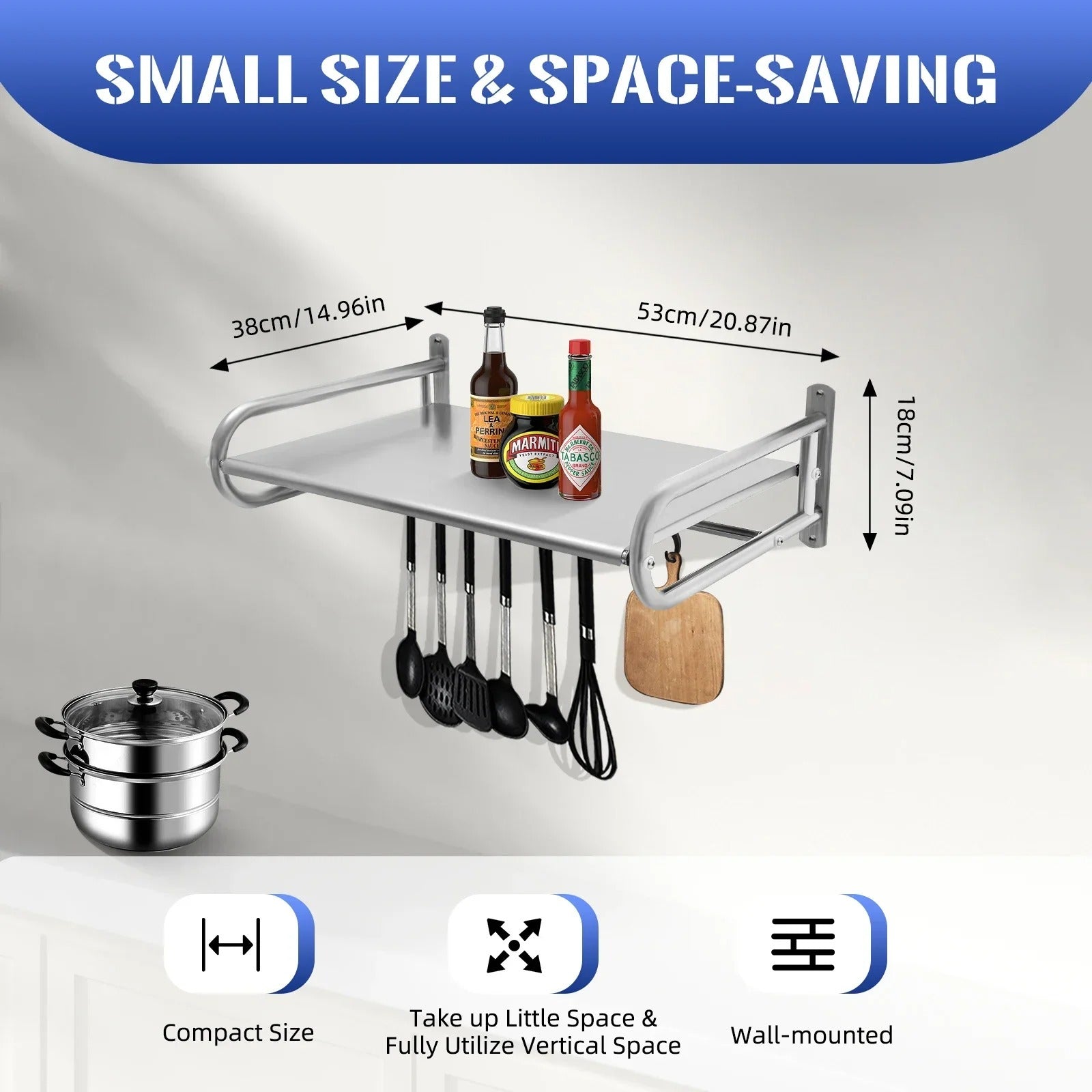 Wall-Mounted Microwave Oven Shelf with Hooks