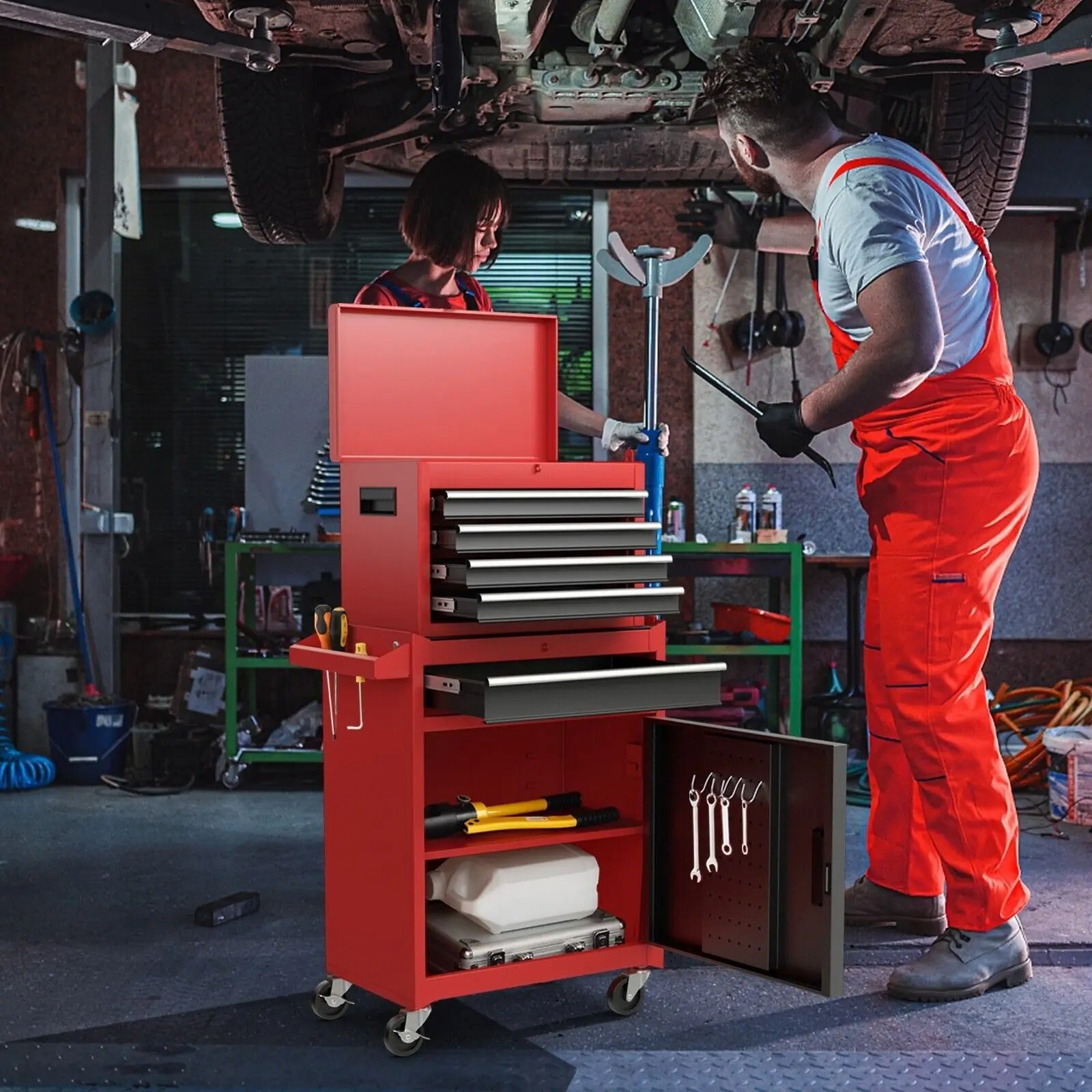 5 Drawer Rolling Tool Chest in a garage, featuring smooth-rolling wheels and organized tools for easy access and mobility.
